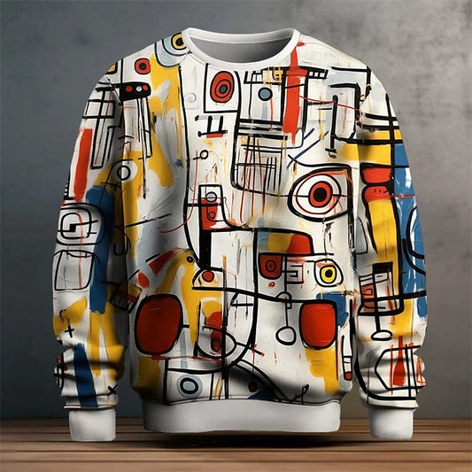 Colorful Graffiti Pattern Hoodie For Men Abstract 3D Print Sweatshirt Autumn Long Sleeve Personality Round Neck Hoodies Pullover